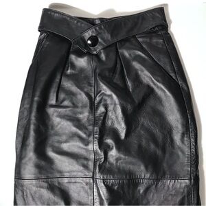 Vintage Black Genuine Leather Midi Skirt with Crossover Waist